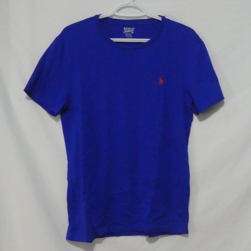POLO RALPH LAUREN - Custom Fit | medium | Solid Blue Tee / T-Shirt| Orange Logo